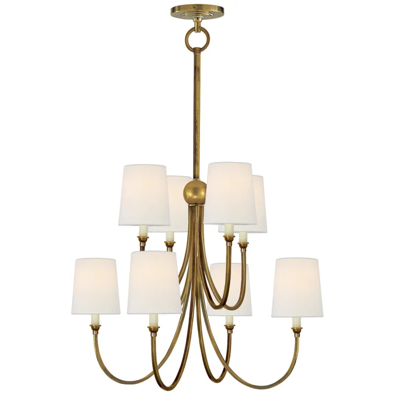 Thomas O'Brien Reed Large Chandelier in Hand-Rubbed Antique Brass with Linen Shades Ceiling Light W26.5"