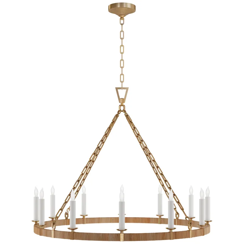 Chapman & Myers Darlana Large Wrapped Ring Chandelier in Antique-Burnished Brass and Natural Rattan Ceiling Light W40" x H32"