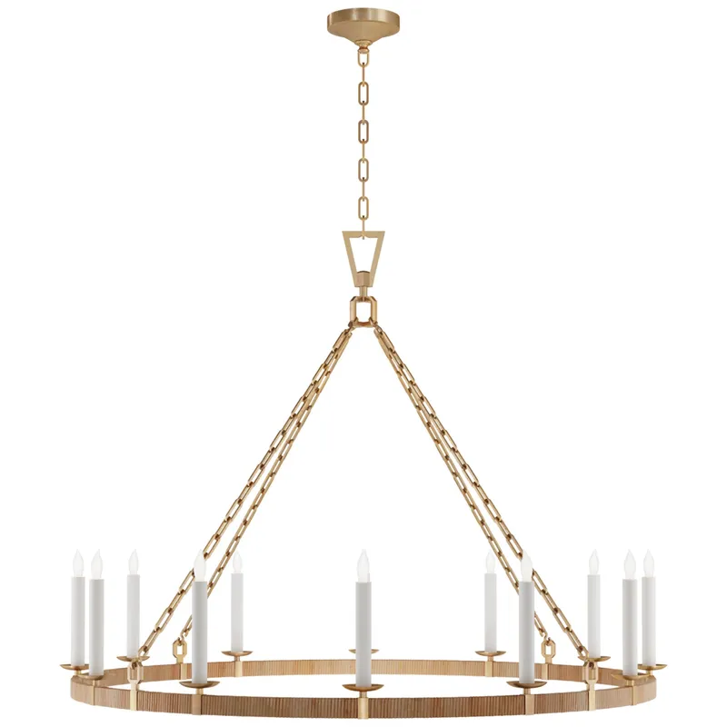 Chapman & Myers Darlana XL Wrapped Ring Chandelier in Antique-Burnished Brass and Natural Rattan Ceiling Light W50" x H38.75"