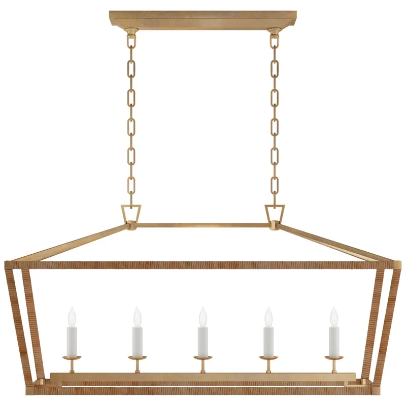 Chapman & Myers Darlana Medium Rattan Wrapped Linear Lantern in Antique-Burnished Brass and Natural Rattan Ceiling Light W41" X 13" x H20"