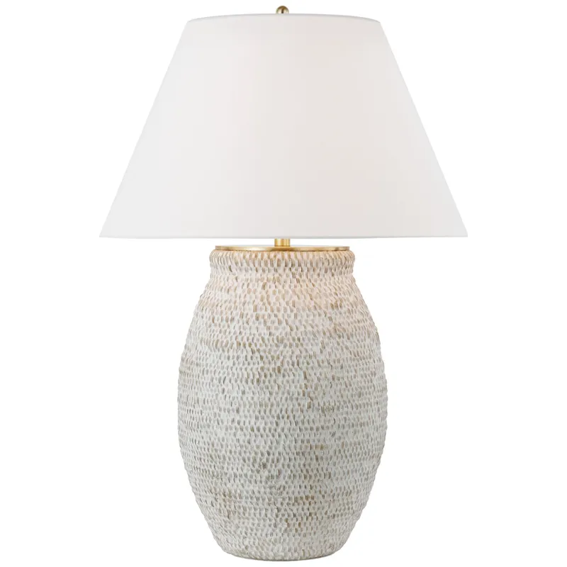 Marie Flanigan Avedon Large Table Lamp in Plaster White Rattan with Linen Shade W23" x H33"