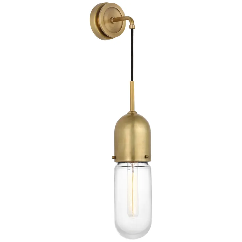 Thomas O'Brien Junio Wall Light in Hand-Rubbed Antique Brass with Clear Glass W4.25" x H26"