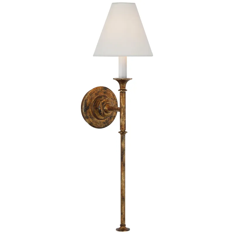 Thomas O'Brien Piaf Large Tail Sconce in Antique Gild with Linen Shade Wall Light W6.5" x H24.5"