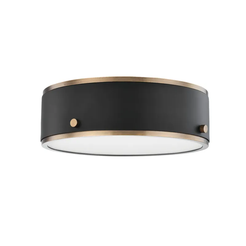 Eli 1-Light Flush Mount in Patina Brass 12W x 3.5H (Soft Off Black)
