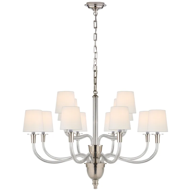 Thomas O'Brien Vivian Large Two-Tier Chandelier in Polished Nickel with Linen Shades Ceiling Light W36" x H25"