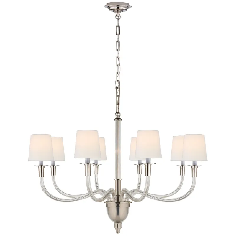 Thomas O'Brien Vivian Large One-Tier Chandelier in Polished Nickel with Linen Shades Ceiling Light W36" x H25"