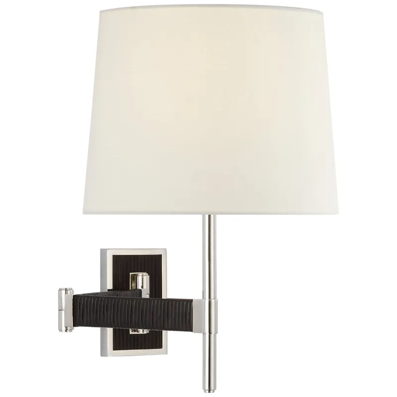 Suzanne Kasler Elle Swing Arm Sconce in Polished Nickel and Black Rattan with Linen Shade Wall Light W16.75" x H17.25"
