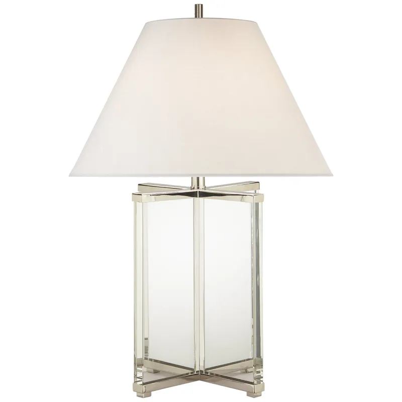 J. Randall Powers Cameron Table Lamp in Crystal and Polished Nickel with Linen Shade W19" x H28"