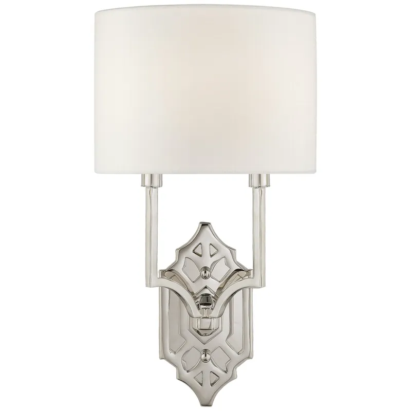 Thomas O'Brien Silhouette Fretwork Sconce in Polished Nickel with Linen Shade Wall Light W8.75" x H16.5"