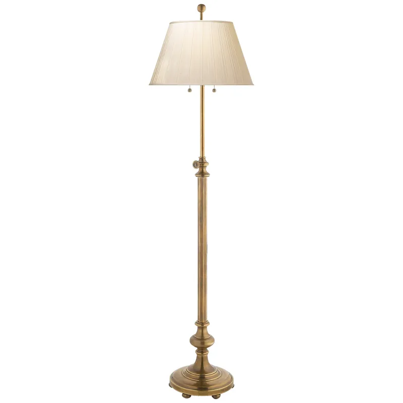 Chapman & Myers Overseas Adjustable Club Floor Lamp in Antique-Burnished Brass with Silk Pleated Shade W15" x H47" - 64.5"