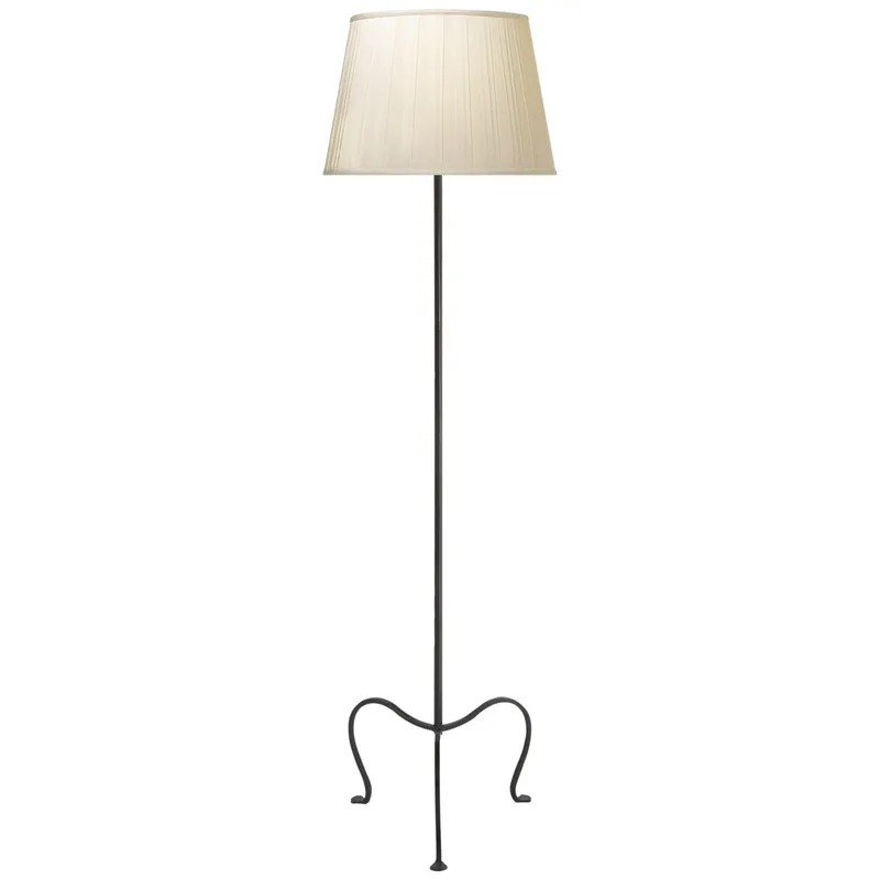 J. Randall Powers Albert Petite Tri-Leg Floor Lamp in Aged Iron with Silk Box Pleat Shade W18.75" x H59"