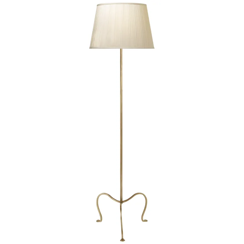J. Randall Powers Albert Petite Tri-Leg Floor Lamp in Gilded Iron with Silk Box Pleat Shade W18.75" x H59"