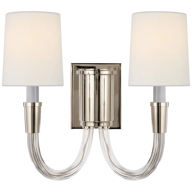 Thomas O'Brien Vivian Double Sconce in Polished Nickel with Linen Shades Wall Light W13.5" x H13.5"