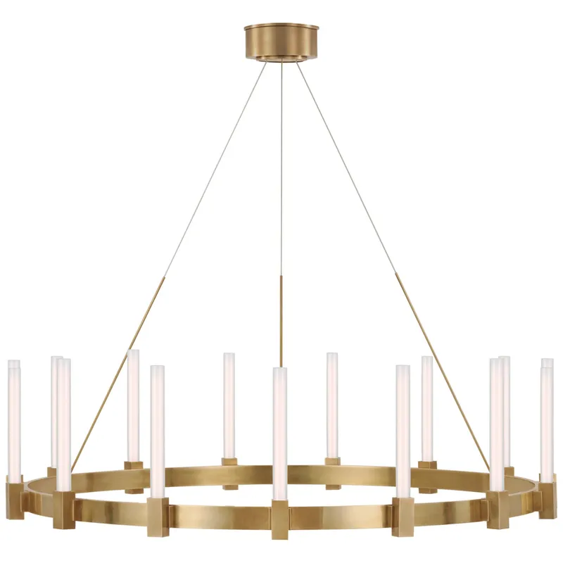 Ian K. Fowler Mafra XL Chandelier in Hand-Rubbed Antique Brass with White Glass Ceiling Light W42"