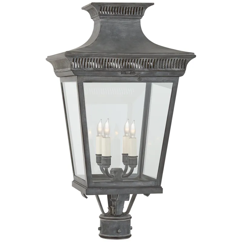 Chapman & Myers Elsinore Medium Post Lantern in Weathered Zinc with Clear Glass Outdoor Lighting W14.5" x H26.25"