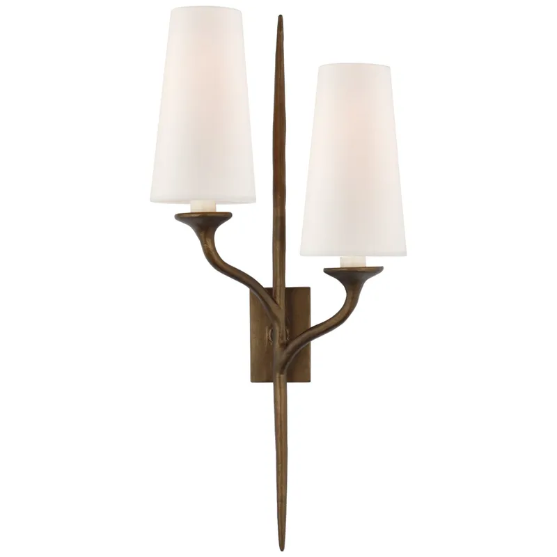 Julie Neill Iberia Double Left Sconce in Antique Bronze Leaf with Linen Shades Wall Light W11" x H24"
