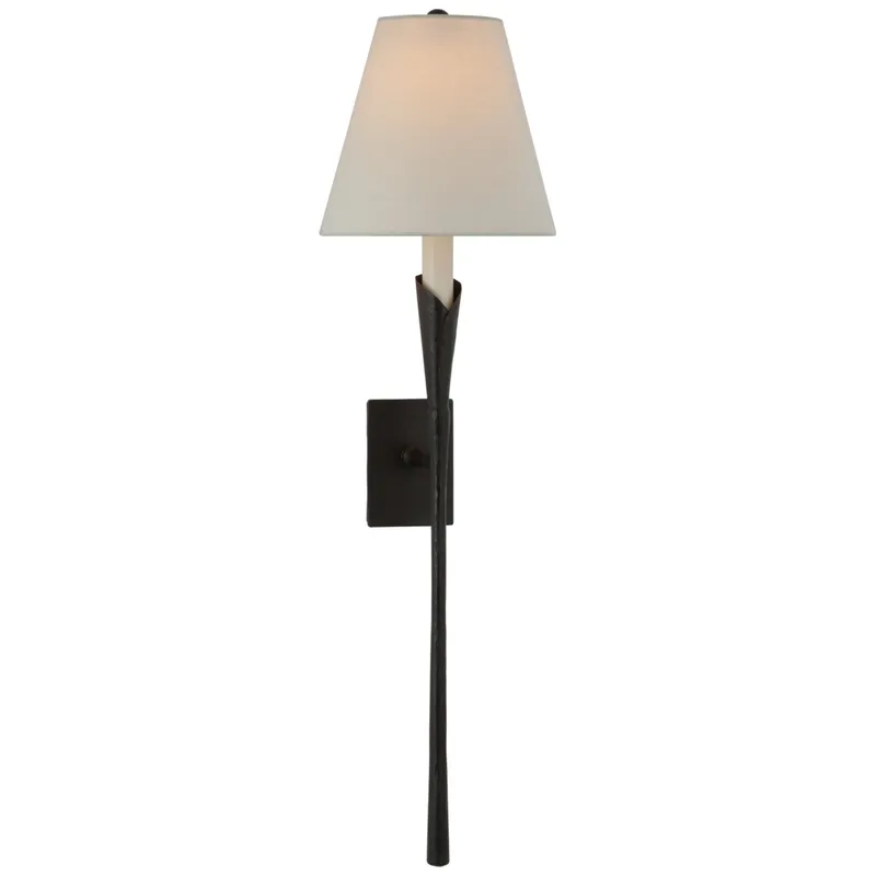 Chapman & Myers Aiden Large Tail Sconce in Aged Iron with Linen Shade Wall Light W8.5" x H32"