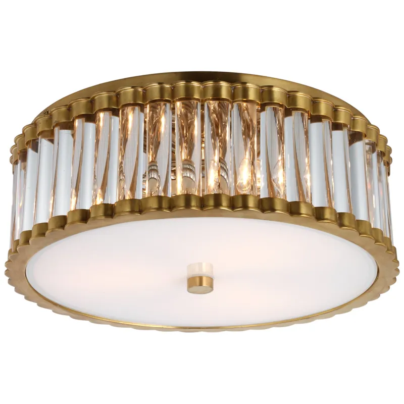 Chapman & Myers Kean 14" Flush Mount in Hand-Rubbed Antique Brass with Clear Glass Rods and Frosted Glass Diffuser Ceiling Light W14.25" x H5.5"