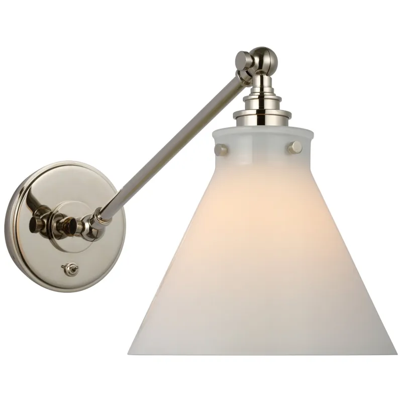 Chapman & Myers Parkington Single Library Wall Light in Polished Nickel with White Glass W8.5" x H9.75" - 11.5"