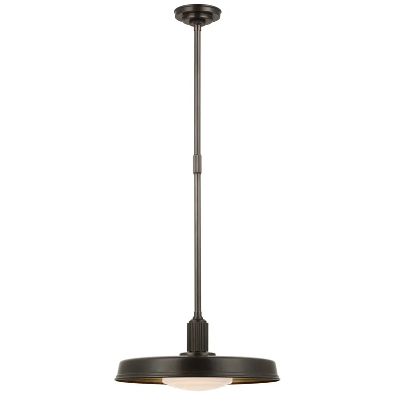 Chapman & Myers Ruhlmann 18" Factory Pendant in Bronze with White Glass and Brass Interior Ceiling Light W18"