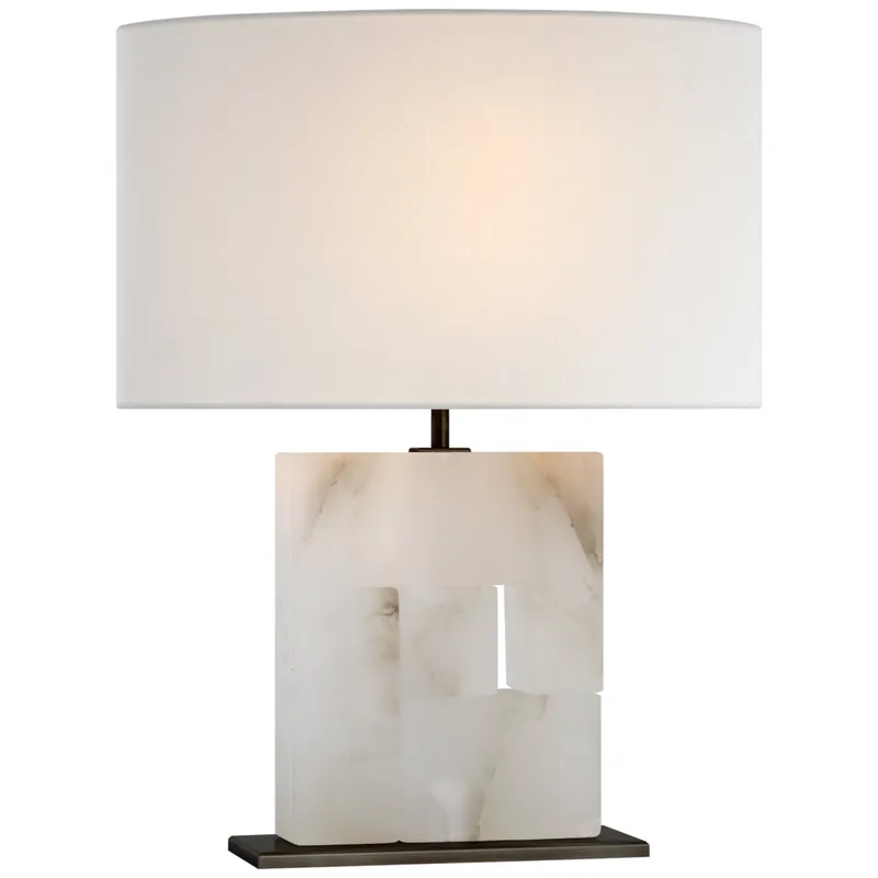 Ian K. Fowler Ashlar Medium Table Lamp in Alabaster and Bronze with Linen Shade W17.5" x H22"