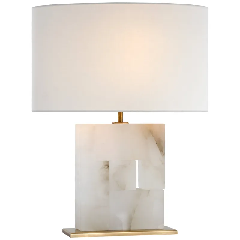 Ian K. Fowler Ashlar Medium Table Lamp in Alabaster and Hand-Rubbed Antique Brass with Linen Shade W17.5" x H22"