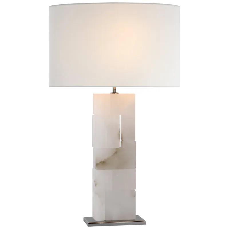 Ian K. Fowler Ashlar Large Table Lamp in Alabaster and Polished Nickel with Linen Shade W17" x H28"