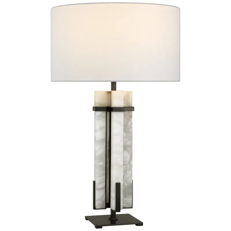 Ian K. Fowler Malik Large Table Lamp in Bronze and Alabaster with Linen Shade W18" x H30"