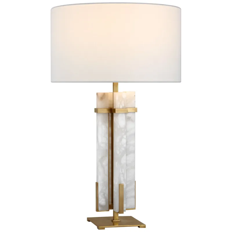 Ian K. Fowler Malik Large Table Lamp in Hand-Rubbed Antique Brass and Alabaster with Linen Shade W18" x H30"