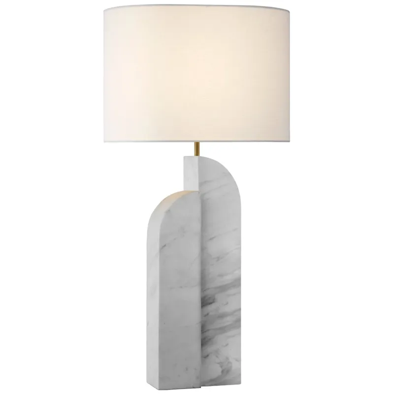 Kelly Wearstler Savoye Large Left Table Lamp in White Marble with Linen Shade W18" x H34"