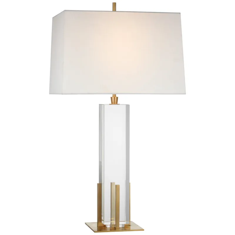 Thomas O'Brien Gironde Large Table Lamp in Crystal and Hand-Rubbed Antique Brass with Linen Shade W17" x H31.25"