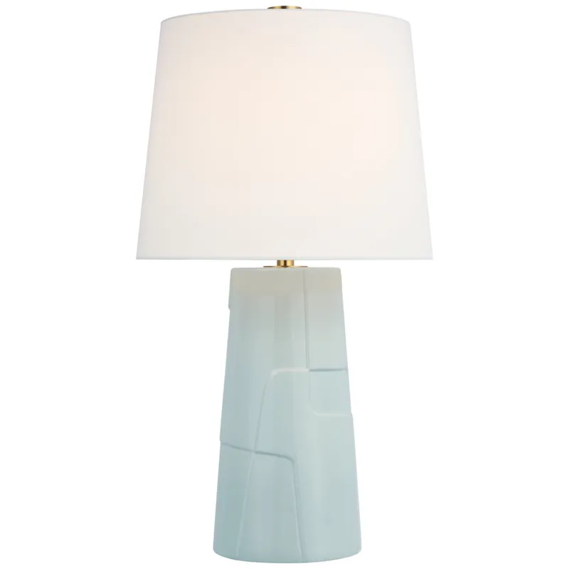 Barbara Barry Braque Medium Debossed Table Lamp in Ice Blue Porcelain with Linen Shade W18" x H28.75"