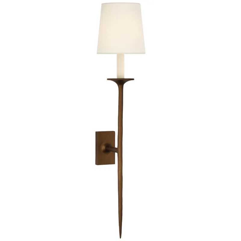 Julie Neill Catina Large Tail Sconce in Antique Bronze Leaf with Linen Shade Wall Light W6.25" x H30.5"