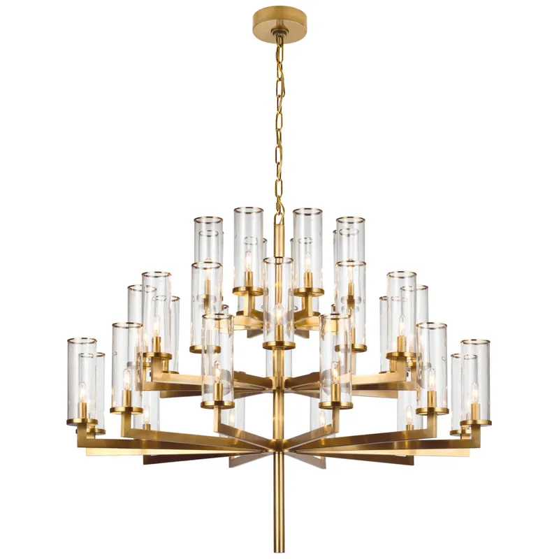 Kelly Wearstler Liaison Triple Tier Chandelier in Antique-Burnished Brass with Clear Glass Ceiling Light W47.5"