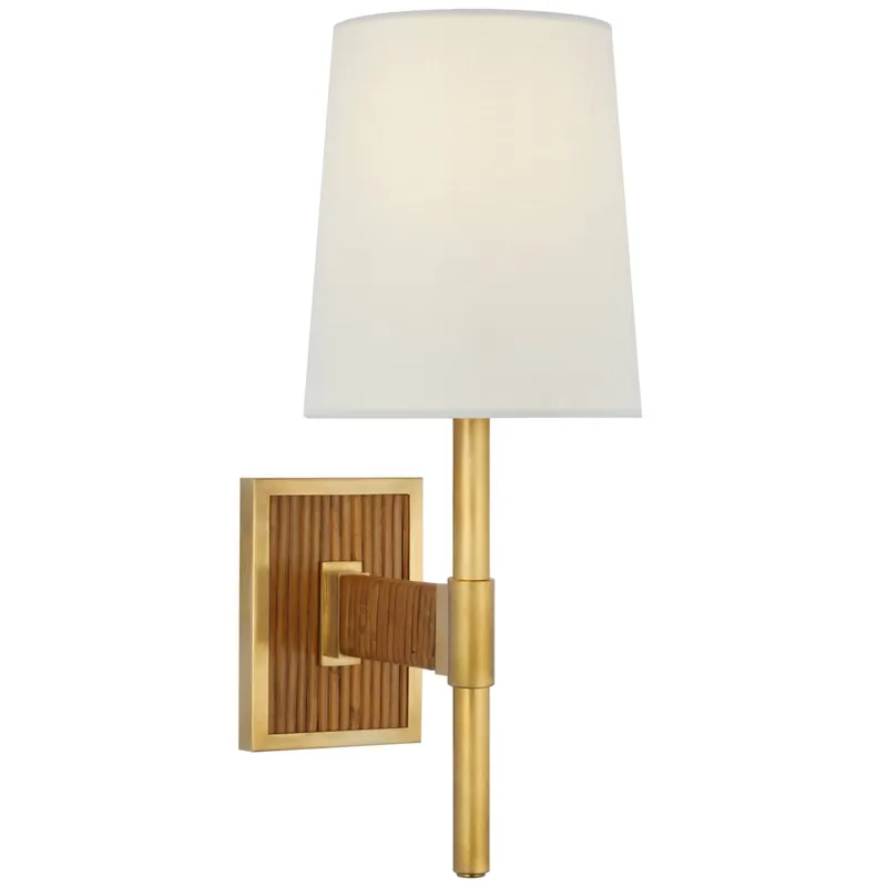 Suzanne Kasler Elle Small Single Sconce in Hand-Rubbed Antique Brass and Dark Rattan with Linen Shade Wall Light W5.75" x H14.75"