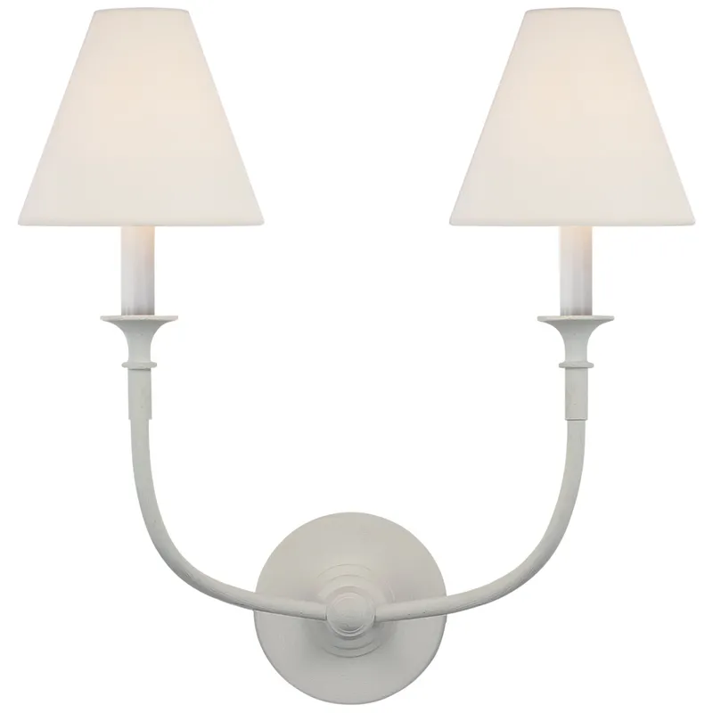 Thomas O'Brien Piaf Double Sconce in Plaster White with Linen Shades Wall Light W18.5" x H18.75"