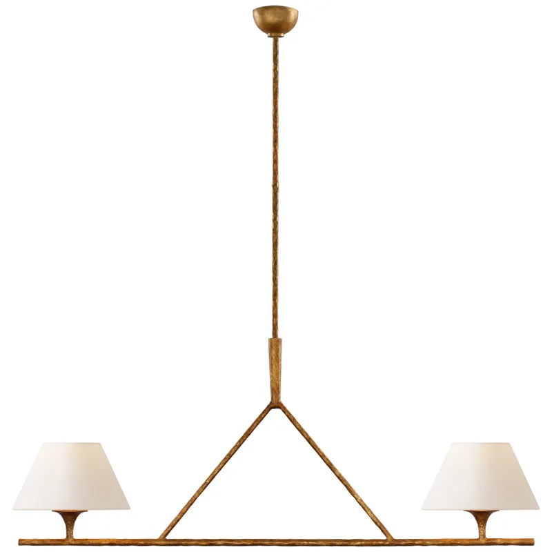 Ian K. Fowler Cesta Large Linear Chandelier in Gilded Iron with Linen Shades Ceiling Light W54" x 12"