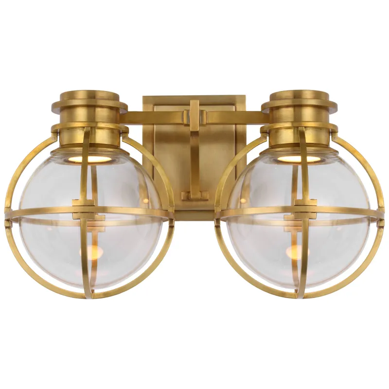 Chapman & Myers Gracie Double Sconce in Antique-Burnished Brass with Clear Glass Wall Light W14.25" x H8.5"