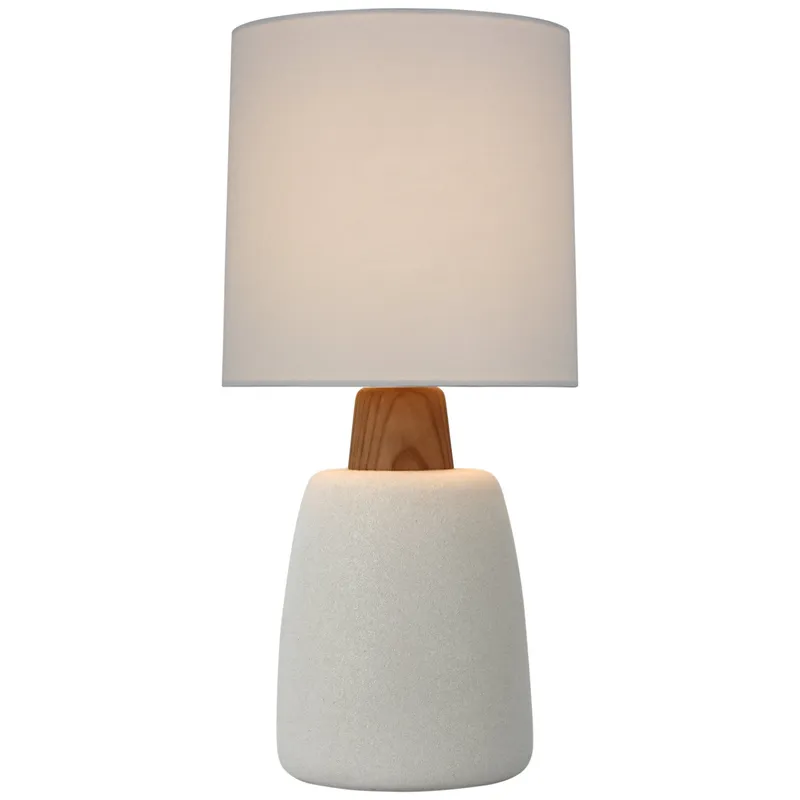 Barbara Barry Aida Medium Table Lamp in Porous White and Natural Oak with Linen Shade W10" x H21"
