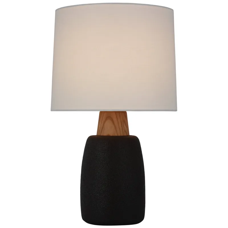 Barbara Barry Aida Large Table Lamp in Porous Black and Natural Oak with Linen Shade W17" x H28.5"