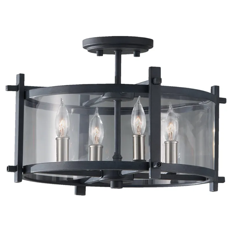 Ethan Semi-Flush Mount Transitional Ceiling Fixture 10.5" Height Steel Round Clear Shade in Antique Forged Iron / Brushed