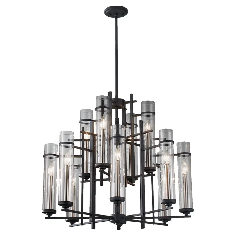 Ethan Extra Large Chandelier Transitional 26.625" Height Steel Round Clear Shade in Antique Forged Iron / Brushed