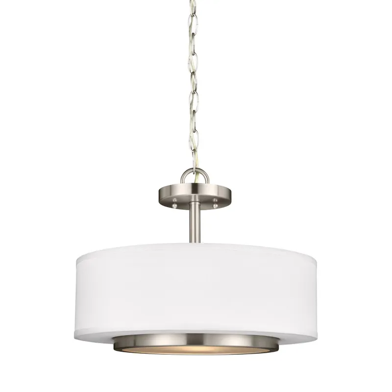 Nance Two Light Semi-Flush Convertible Pendant Transitional Ceiling Fixture 12" Height Steel Round Satin Etched Shade in Brushed Nickel