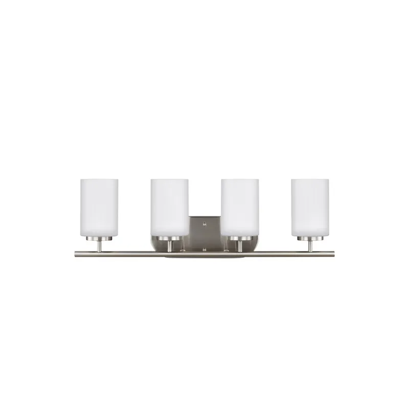Oslo Four Light Wall / Bath Contemporary Fixture 27.5" Width 8.5" Height Steel Round Cased Opal Etched Shade in Brushed Nickel