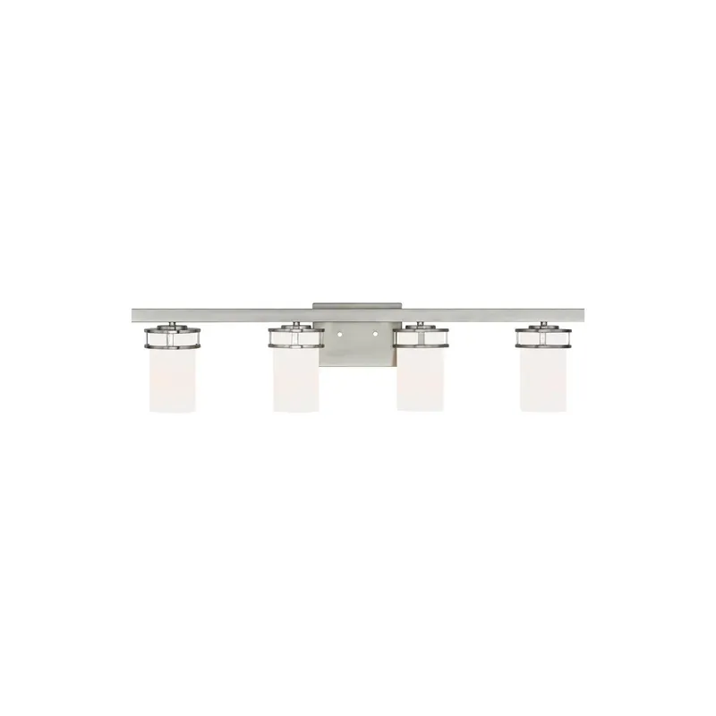Robie Four Light Wall / Bath Transitional Fixture 34" Width 8.125" Height Steel Round Etched White Inside Shade in Brushed Nickel
