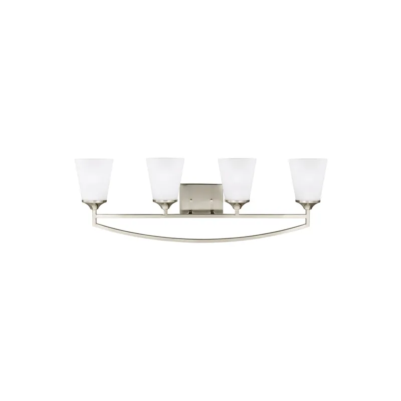 Hanford Four Light Wall/ Bath Transitional Wall Fixture 33.5" Width 11.25" Height Steel Round Satin Etched Shade in Brushed Nickel
