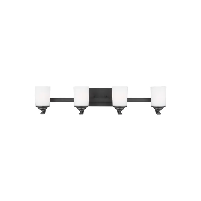 Kemal Four Light Wall / Bath Transitional Fixture 34" Width 7.125" Height Steel Round Etched White Inside Shade in Midnight Black