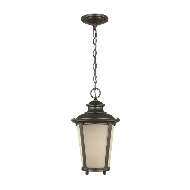 Cape May One Light Outdoor Pendant Traditional Fixture 15.75" Height Aluminum Round Etched Hammered with Amber Shade in Burled Iron