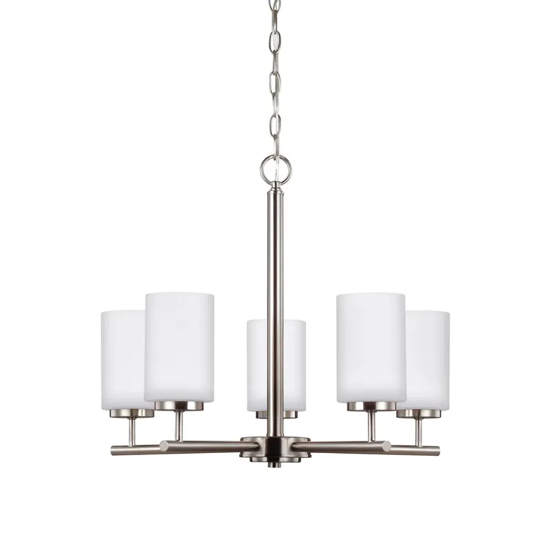Oslo Five Light Chandelier Contemporary 20" Height Steel Round Cased Opal Etched Shade in Brushed Nickel
