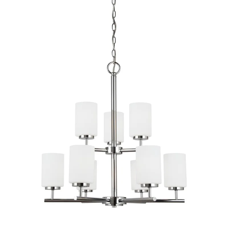 Oslo Nine Light Chandelier Contemporary 26.75" Height Steel Round Cased Opal Etched Shade in Chrome